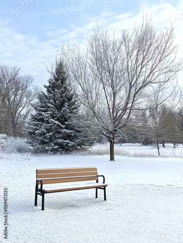 Snowy Winter Park Bench Under Bare Trees