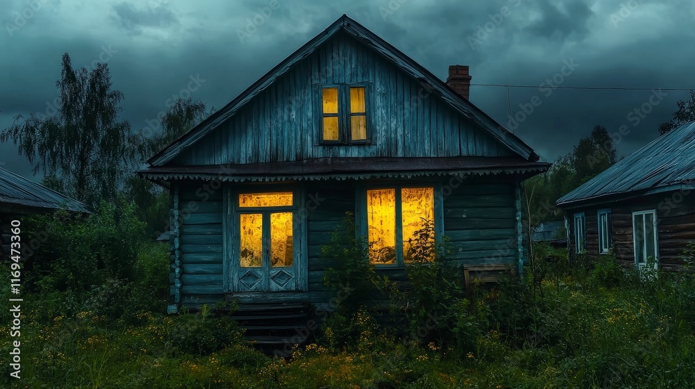 Abandoned House with Warm Light Amid Dark Clouds and Overgrown Grass Abandoned House with Warm Light Amid Dark Clouds and Overgrown Grass