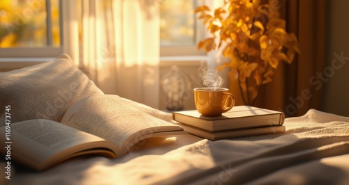 Wallpaper Mural Cozy morning routine with steaming coffee and books in sunlit bedroom Torontodigital.ca