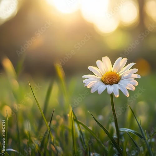 Delicate daisy blooming in soft sunlight amidst lush green grass during sprin...