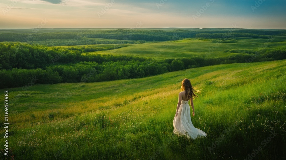 Serene Sunset Stroll: A Woman in White Dress Across Vast Green Fields Serene Sunset Stroll: A Woman in White Dress Across Vast Green Fields