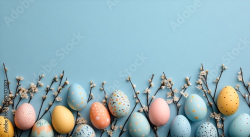 Festive colorful Easter eggs and spring branches arranged on a blue backgroun...