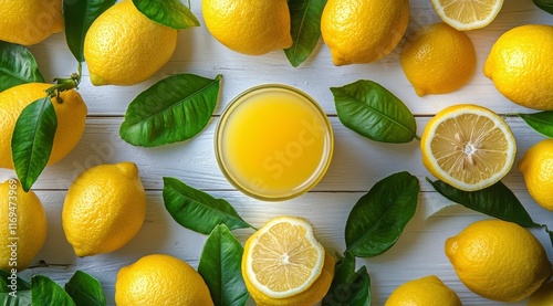Refreshing lemon juice served in a clear glass with fresh lemons and purple f...