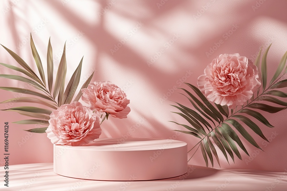 Obraz premium 3D podium display, pastel pink background with rose flowers. Peonies flower and palm leaf shadow. Minimal pedestal for beauty, cosmetic product. Valentine, feminine copy space template 3d render