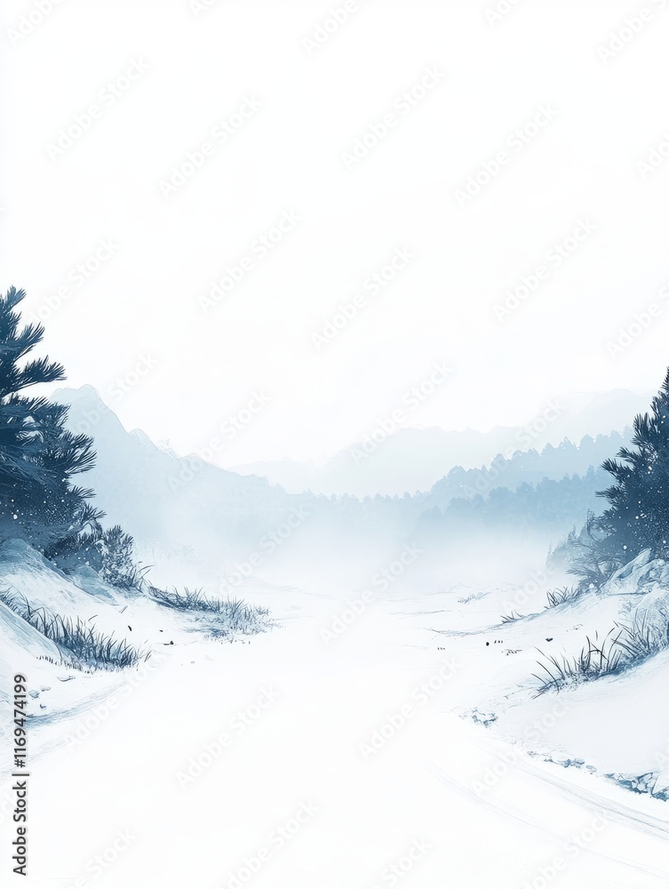 Fototapeta premium Serene Winter Landscape Path Through Snowy Mountains