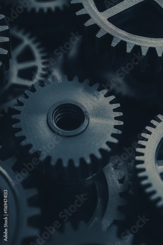Detailed view of interlocking black gears showcasing intricate design and eng...