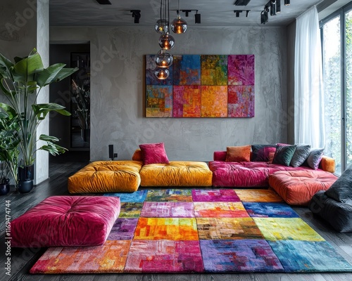 Open living room with colorful rug and abstract decor