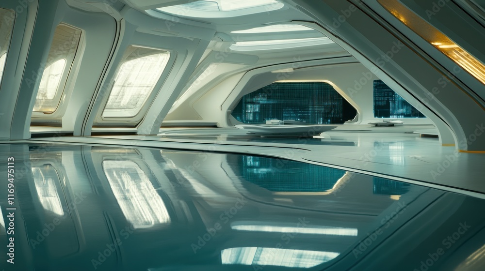 Fototapeta premium Futuristic Spaceship Interior: Sleek Design and Reflective Surfaces