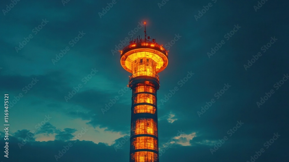 Illuminated communication tower rising high against a dramatic cloudy sky at night creating a captivating and futuristic cityscape scene Illuminated communication tower rising high against a dramatic cloudy sky at night creating a captivating and futuristic cityscape scene