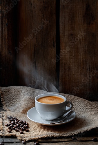 Artisan coffee served in a white cup on a rustic table with coffee beans and ...
