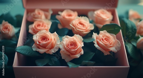 Beautiful pink roses displayed in a pink box surrounded by fresh greenery