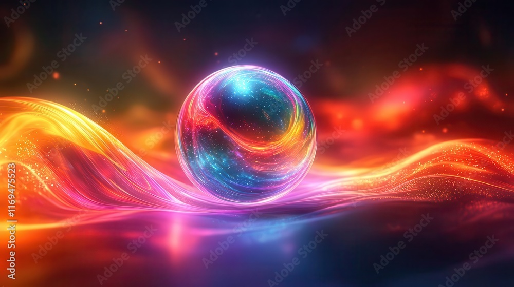 Abstract holographic sphere surrounded by pulsating light waves, tech-inspired, neon art, vivid colors, dynamic composition, digital rendering. Abstract holographic sphere surrounded by pulsating light waves, tech-inspired, neon art, vivid colors, dynamic composition, digital rendering.