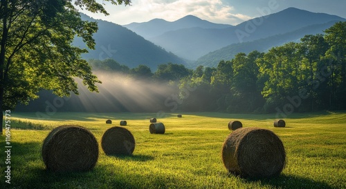 Tranquil rural landscape with hay bales under mountain sunlight in the morning