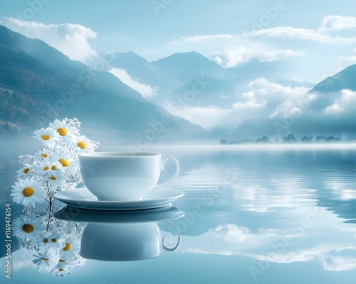 A steaming mug of black coffee rests on a white saucer, ready for a relaxing morning breakfast fill like blue background view photo