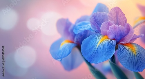 Vibrant iris flowers in full bloom against a soft gradient background