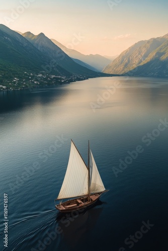 Sailboat gliding peacefully through the calm waters of a serene mountain lake...