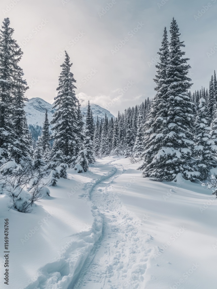 Fototapeta premium Snow Covered Path Through Winter Mountain Forest