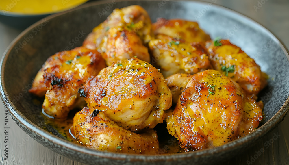 Roasted chicken on wooden table background. Cooked with sauce from mustard and olive oil. Top view