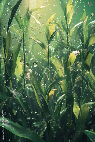 Lush underwater plants with air bubbles in a serene aquatic environment