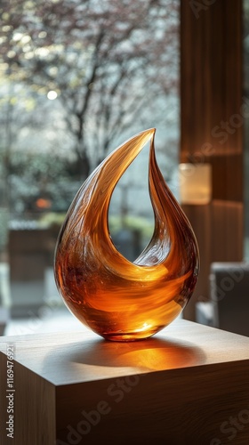 Creative glass sculpture illuminated on a display in a modern interior space ...
