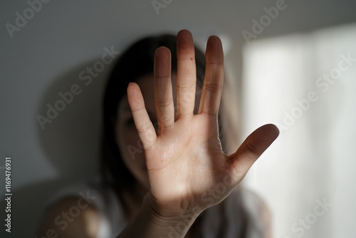Woman in distress: arm extended, defense posture, ending violence, protection concept, emotional support, domestic abuse prevention, empowerment action, rescue mission, dignity restoration.