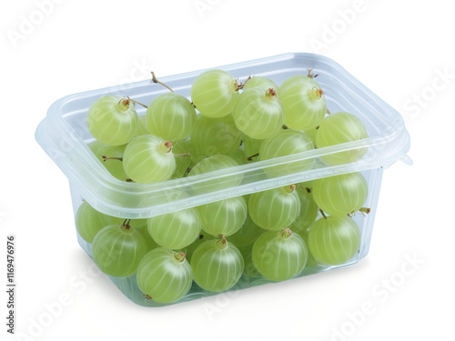 Gooseberry (Ribes uva-crispa) A container of green gooseberries, wrapped in clear plastic. The small, round fruit is covered in tiny photo