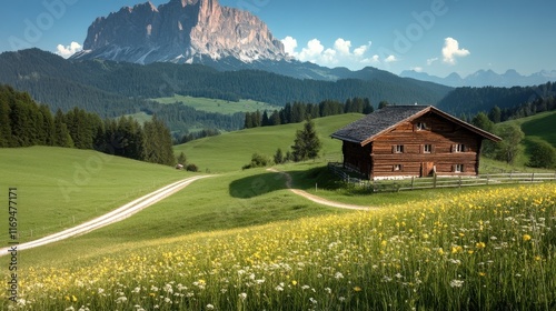 Wooden mountain hut in dolomites with sassolungo mountain peak in background