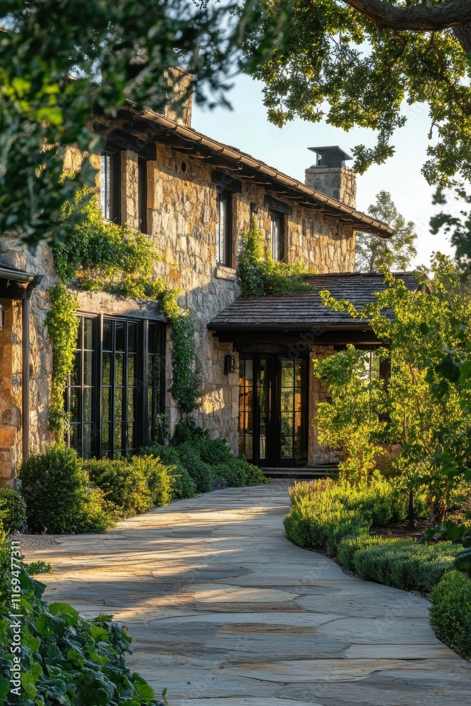 Obraz premium Charming stone house with lush landscaping and a winding pathway in a serene residential area during late afternoon light