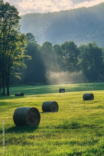Serene early morning light illuminating a peaceful field with hay bales in a ...