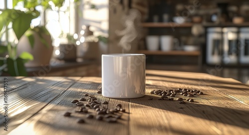 Warm coffee cup surrounded by coffee beans on rustic wooden table in cozy kit...
