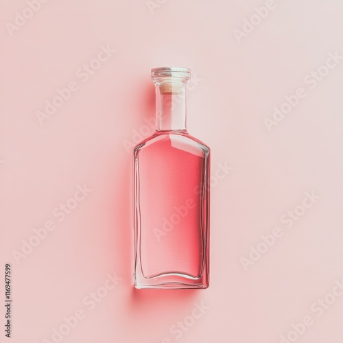 Elegant glass bottle filled with pink liquid on pink and blue background