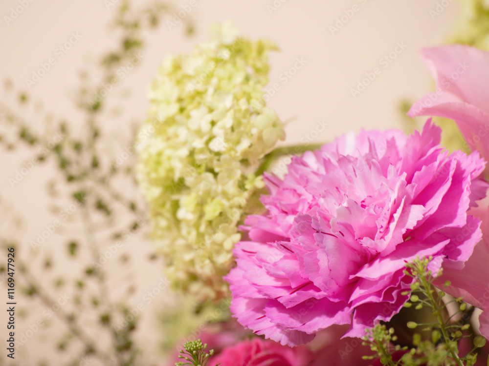 Close-Up of Pink Carnations and Roses with Lush Greenery