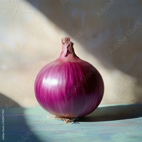 Purple onion resting on a surface with soft natural light highlighting its te...