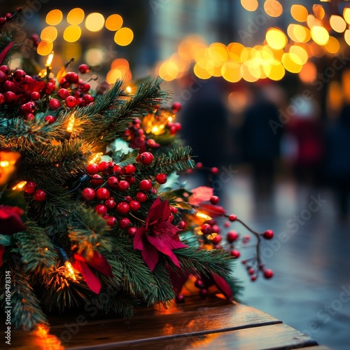 Festive holiday market showcasing vibrant poinsettias illuminated by twinklin...