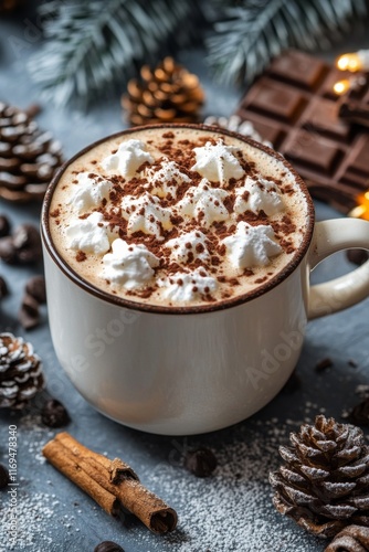 Warm mug of hot chocolate with marshmallows and spices on a cozy table setting