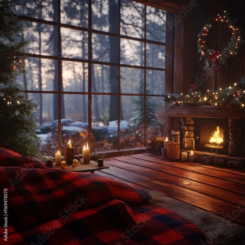 Cozy cabin interior with fireplace and festive decorations during winter evening
