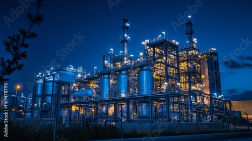 Night view of a large industrial plant with illuminated structures and tanks.