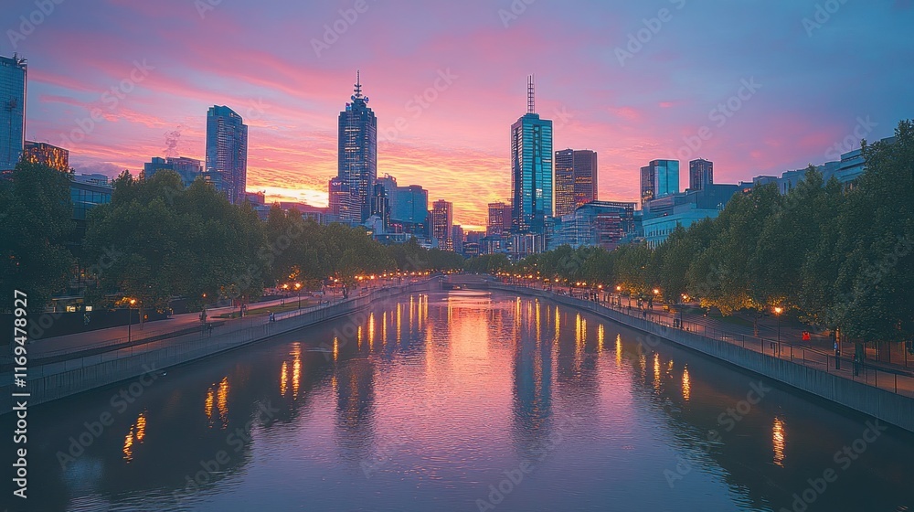 Fototapeta premium Melbourne City Skyline at Sunset: A Breathtaking View