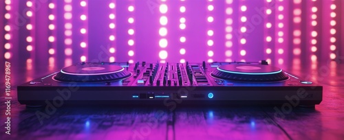 Vibrant DJ equipment illuminated by pink lights at a lively nightclub setting