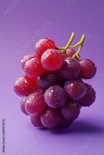 Fresh purple grapes hanging with droplets on a vibrant purple background
