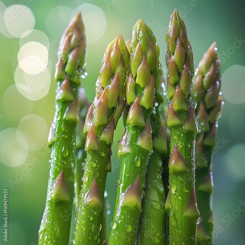 Fresh green asparagus spears with water droplets against a blurred background