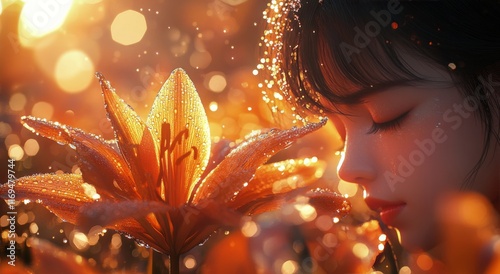 Vibrant orange lily covered in dew sparkling under warm sunlight