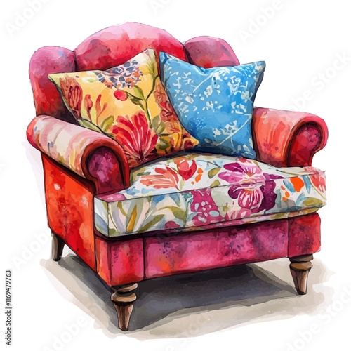 A watercolor vector painting of a comfy armchair with colorful cushions, isolated on a white background. Comfy armchair with colorful cushions vector.

