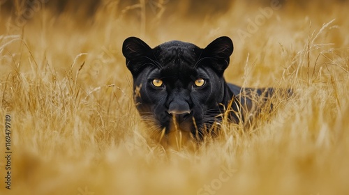 Black panther prowling through golden grass during sunset in an African savannah