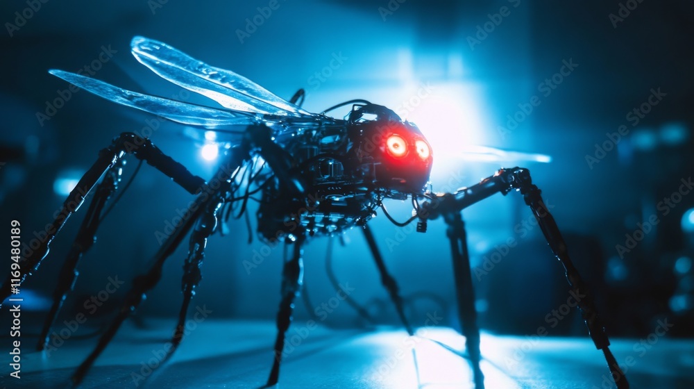 Fototapeta premium Robotic insect, close-up, futuristic design, dark background, glowing red eyes.