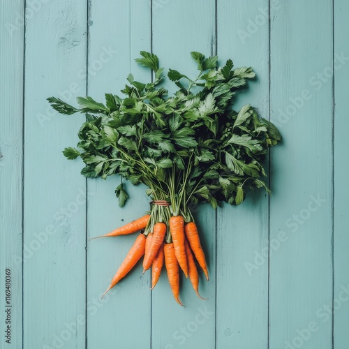 Freshly harvested carrots with green tops on a light blue background in natur...
