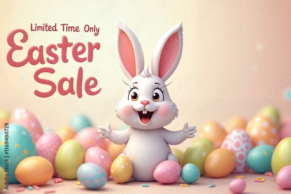 Obraz premium Cheerful bunny surrounded by colorful Easter eggs, festive celebration. Greeting card or holiday poster for Happy Easter promotion