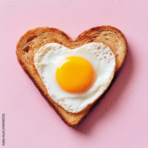 Toast with heart-shaped egg served on a pink background for a breakfast or br...