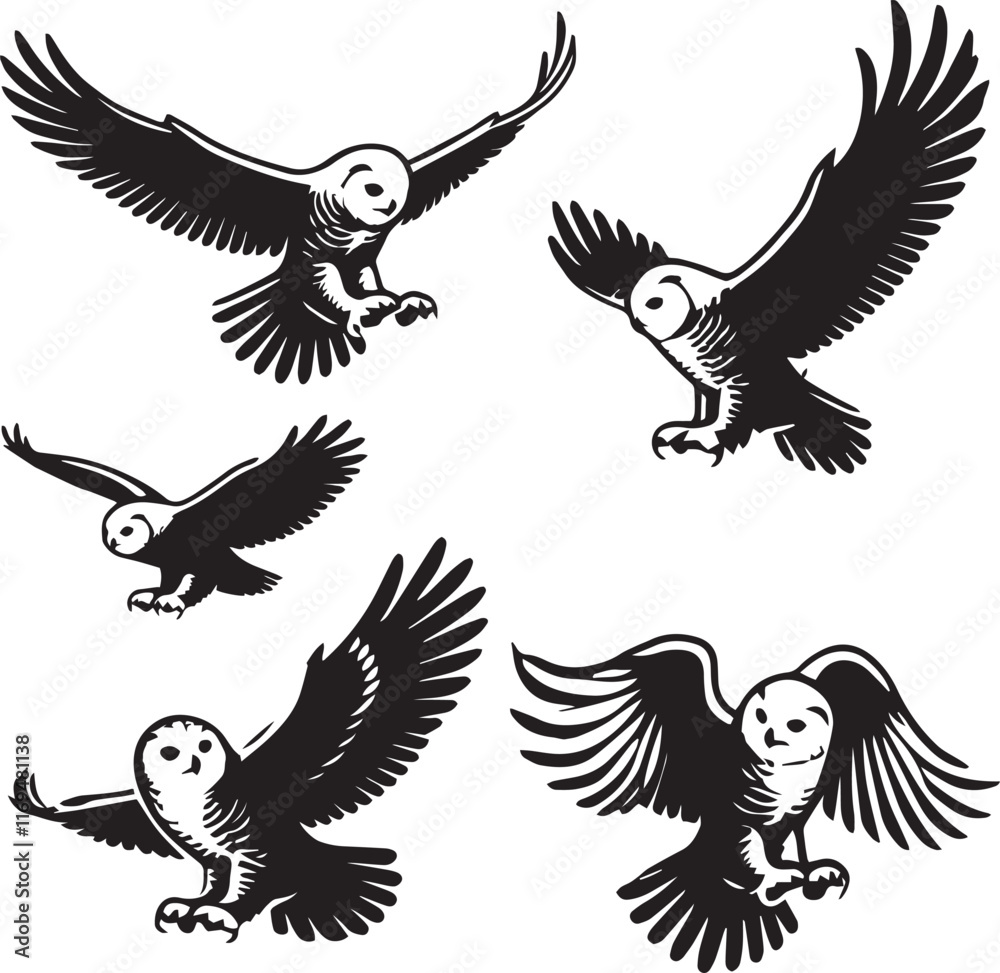Fototapeta premium silhouette set of snowy owl flying poses,bird of prey silhouette, owl in flight vector, soaring raptor illustration