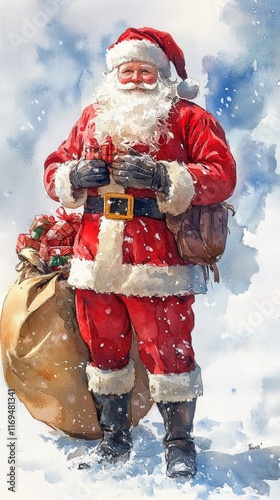 Santa Claus with a sack of gifts in a snowy forest during the holiday season